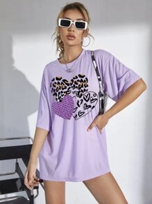 SHEIN EZwear Heart & Letter Graphic Oversized Tee - Lilac Purple - View 5