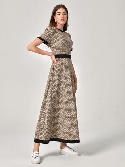 Seusyu Allover Print Puff Sleeve Contrast Trim Dress