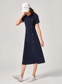 Mulvari Vestido con botón delantero bajo amplio - Azul Marino - Ver 5