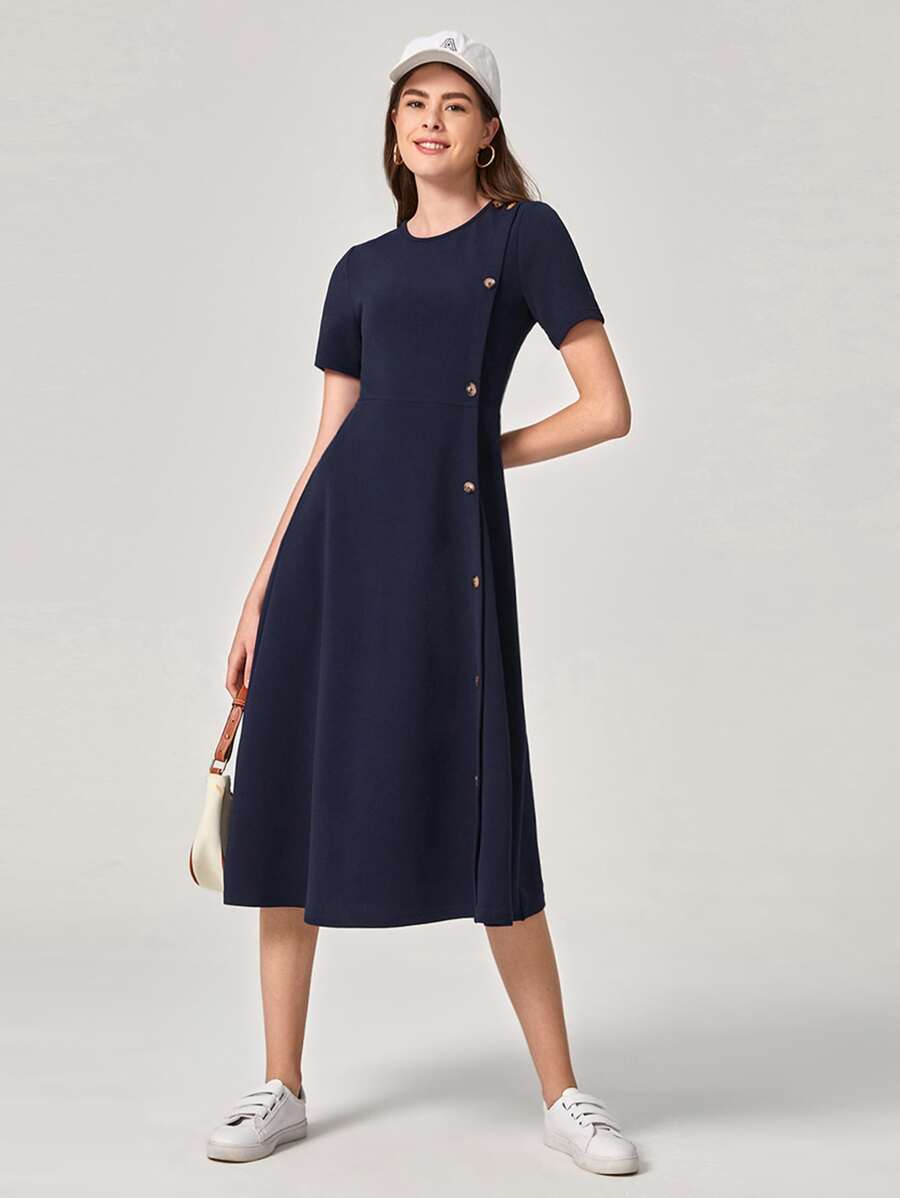 Mulvari Vestido con botón delantero bajo amplio
