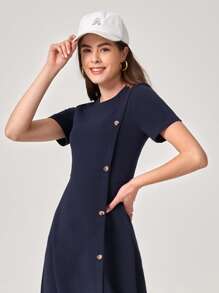 Mulvari Vestido con botón delantero bajo amplio - Azul Marino - Ver 6