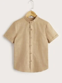 SHEIN 男孩小高領翻折袖素色襯衫