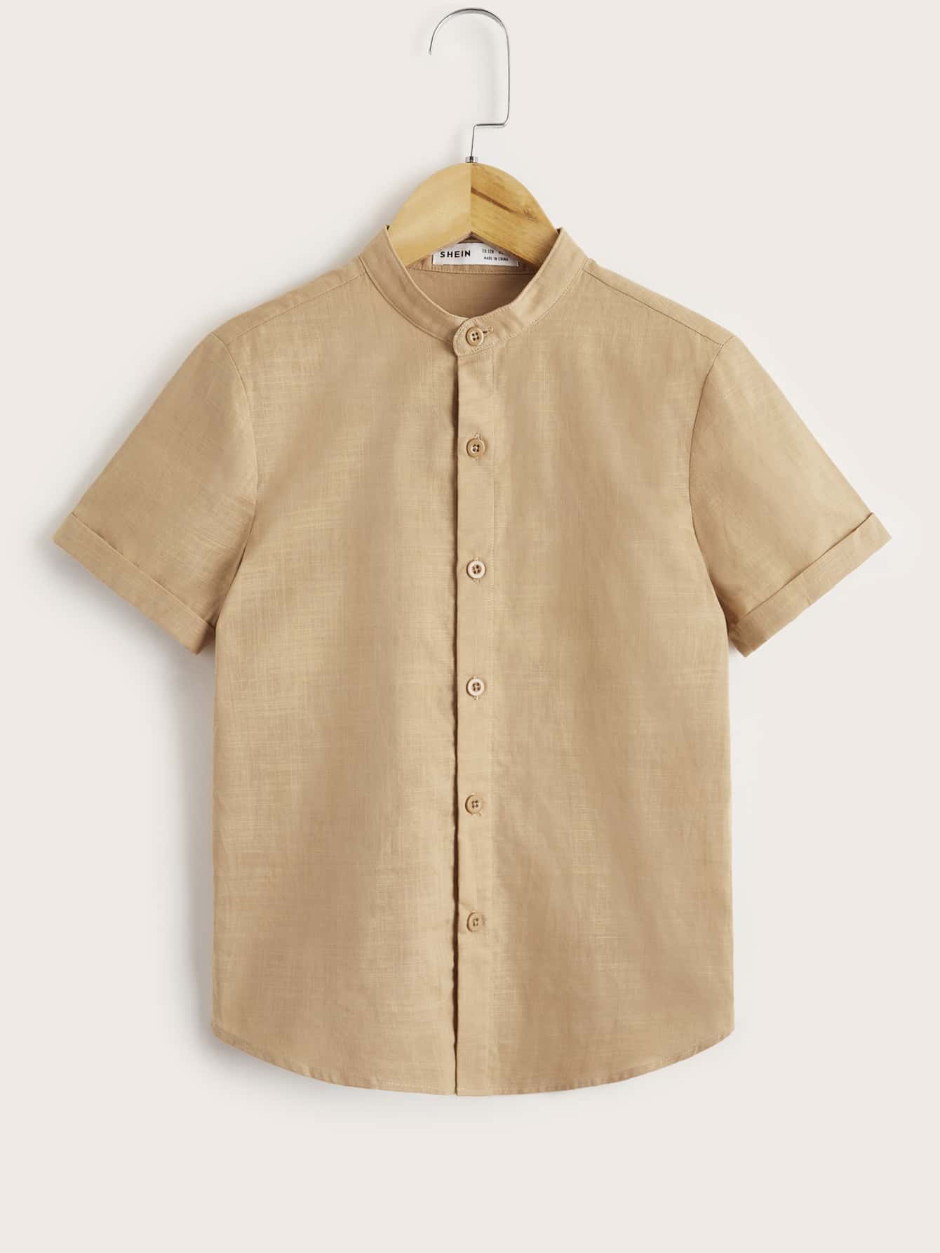 SHEIN 男孩小高領翻折袖素色襯衫