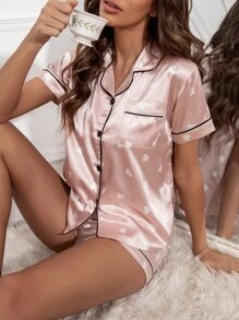 Heart Print Contrast Piping Satin PJ Set / Pajama Set - Dusty Pink - View 1