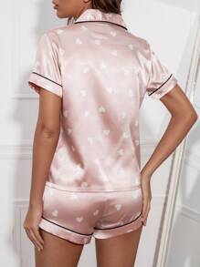 Heart Print Contrast Piping Satin PJ Set / Pajama Set - Dusty Pink - View 2
