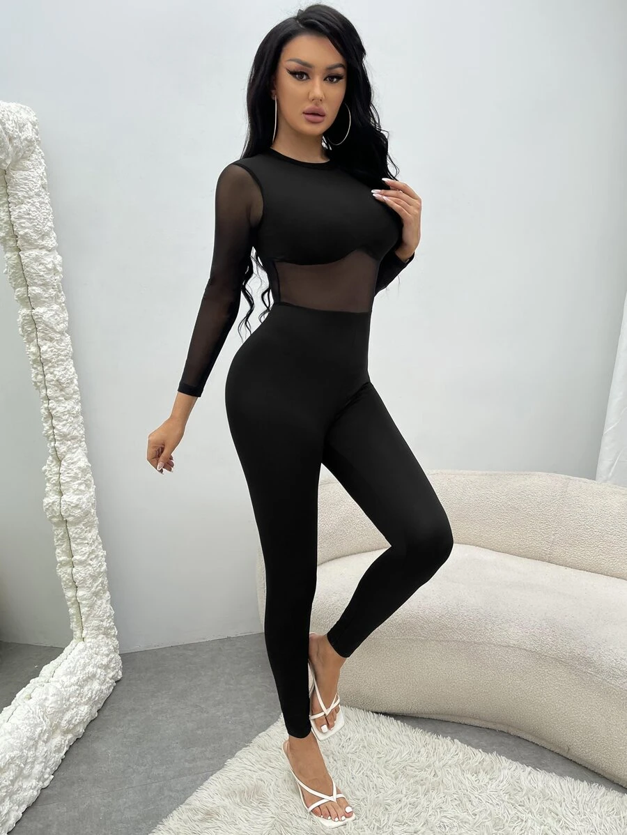 SHEIN SXY Jumpsuit unitard de malla en contraste con cremallera media trasero - Negro - Ver 1