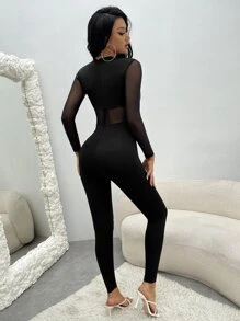 SHEIN SXY Jumpsuit unitard de malla en contraste con cremallera media trasero - Negro - Ver 2
