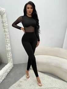 SHEIN SXY Jumpsuit unitard de malla en contraste con cremallera media trasero - Negro - Ver 3