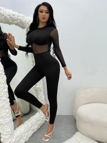 SHEIN SXY Jumpsuit unitard de malla en contraste con cremallera media trasero - Negro - Ver 4