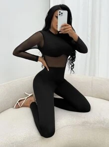 SHEIN SXY Jumpsuit unitard de malla en contraste con cremallera media trasero - Negro - Ver 5