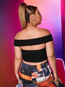 SHEIN Plus Solid Off The Shoulder Top - Black - View 2