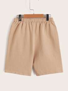 SHEIN Quần Short Trai Túi Thắt nơ trước Đồ họa Slogan Giải trí - Màu Khaki - Xem 2