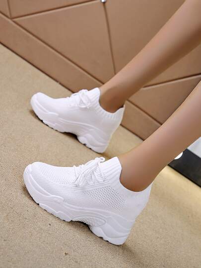 Fall/Winter Women Lace-Up Front Knit Breathable Wedge Sneakers, Sporty Outdoor Sneakers