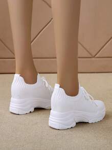Women Lace-Up Front Knit Breathable Wedge Sneakers, Sporty Outdoor Sneakers