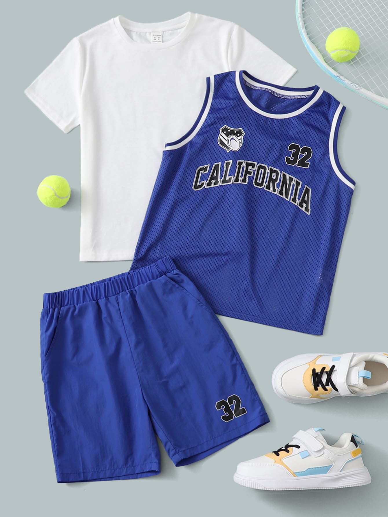 SHEIN Boys Letter Graphic Striped Trim Tank Top & Shorts Set With Tee - Multicolor - View 1