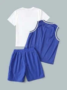 SHEIN Boys Letter Graphic Striped Trim Tank Top & Shorts Set With Tee - Multicolor - View 2