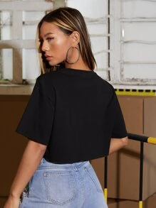 SHEIN SXY Car and Slogan Graphic Chain Front Crop Tee - Black - View 2