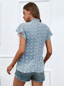 SHEIN Unity 圓點打褶鎖眼領口蝴蝶袖雪紡襯衫 - 霧霾藍 - 查看 2