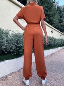 Roll Tab Sleeve Flap Pocket Drawstring Waist Jumpsuit - Rust Brown - View 2