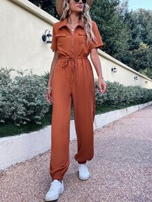 Roll Tab Sleeve Flap Pocket Drawstring Waist Jumpsuit - Rust Brown - View 5