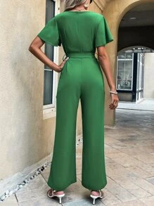 Breezaya Butterfly Sleeve Belted Wide Leg Jumpsuit - Green - View 2
