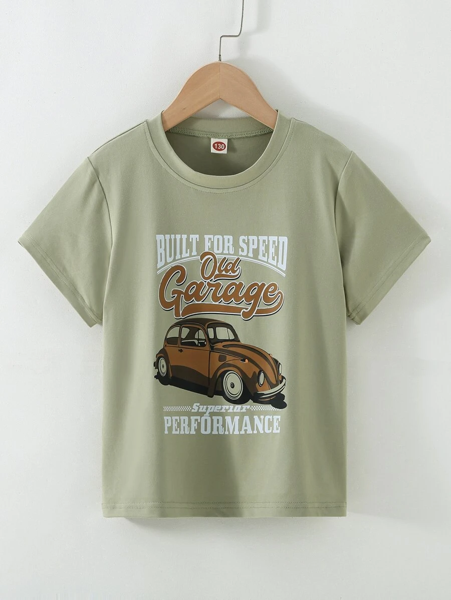 Niñas Camiseta con estampado de coche y letra - Verde militar - Ver 1