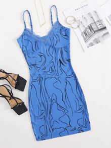 圖案印花蕾絲拼接吊帶洋裝 - 藍色 - 查看 1