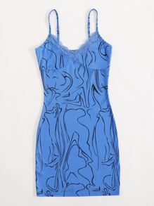 圖案印花蕾絲拼接吊帶洋裝 - 藍色 - 查看 4