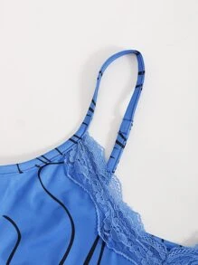 圖案印花蕾絲拼接吊帶洋裝 - 藍色 - 查看 5