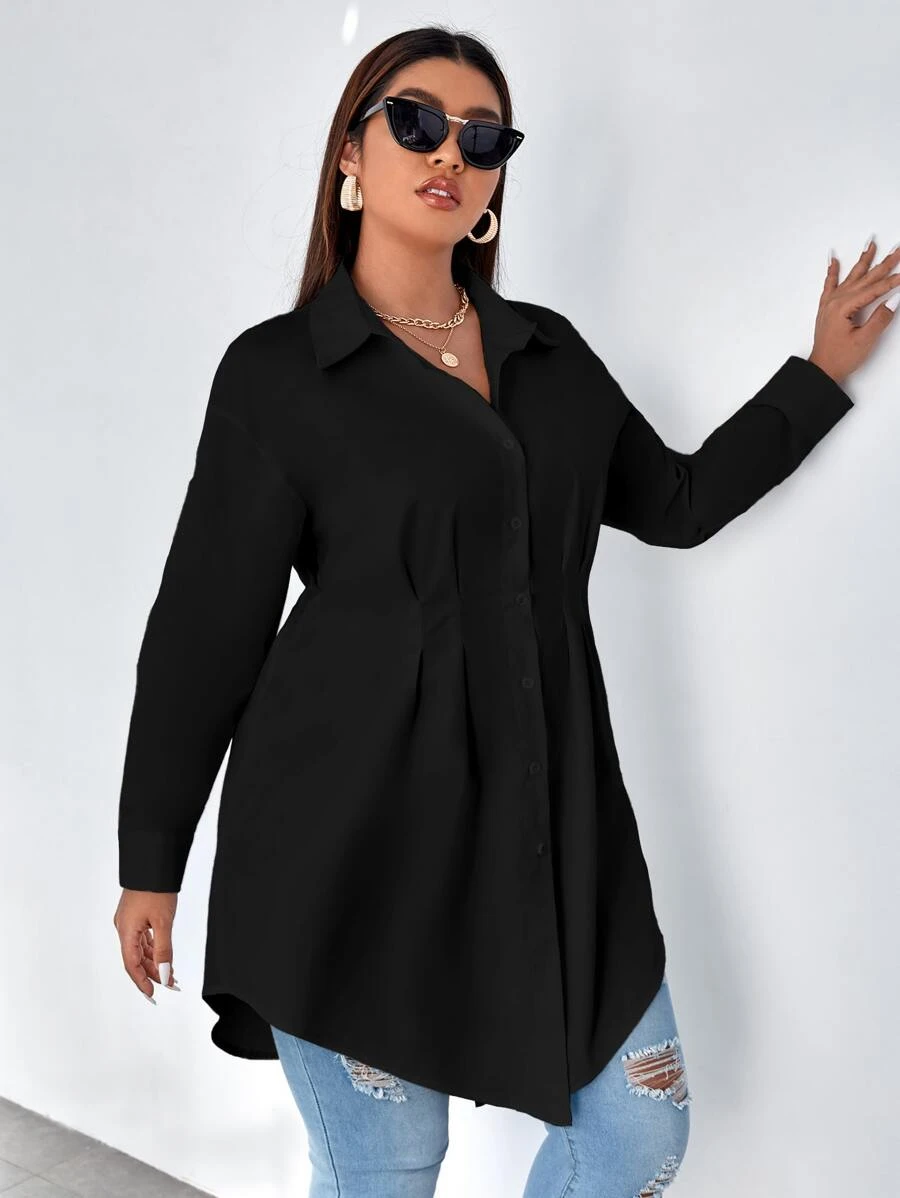 Calvaya 大碼落肩袖褶皺細節弧形下擺襯衫 - 黑色 - 查看 1