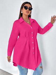 Calvaya Plus Plicated Detail Drop Shoulder Shirt - Hot Pink - View 1