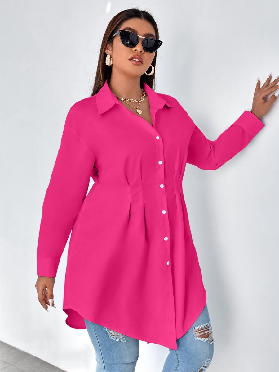 Calvaya Plus Plicated Detail Drop Shoulder Shirt - Hot Pink - View 1