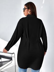 Calvaya 大碼落肩袖褶皺細節弧形下擺襯衫 - 黑色 - 查看 2