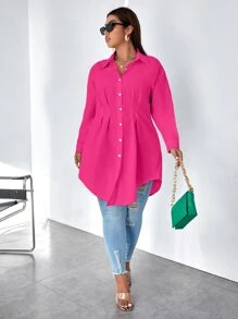 Calvaya Plus Plicated Detail Drop Shoulder Shirt - Hot Pink - View 5