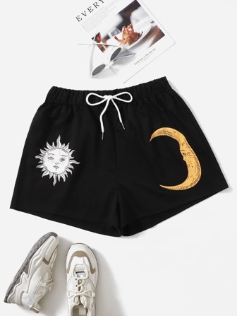 Plus Sun & Moon Print Drawstring Waist Shorts