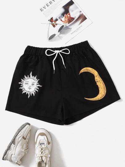Shorts con estampado de sol y luna de cintura con cordón