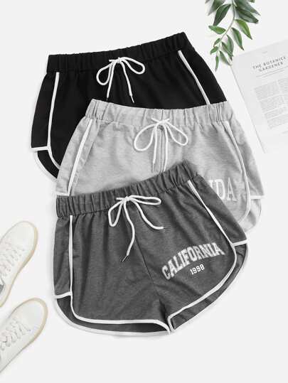 Plus 3pcs Letter Graphic Drawstring Waist Contrast Binding Shorts