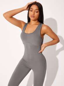 SHEIN 大圓領高腰運動連體褲 - 深灰色 - 查看 3