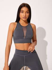 SHEIN Áo Tees & Tanks  Thể thao Nữ Tương phản Mesh màu trơn - Màu xám đen - Xem 1