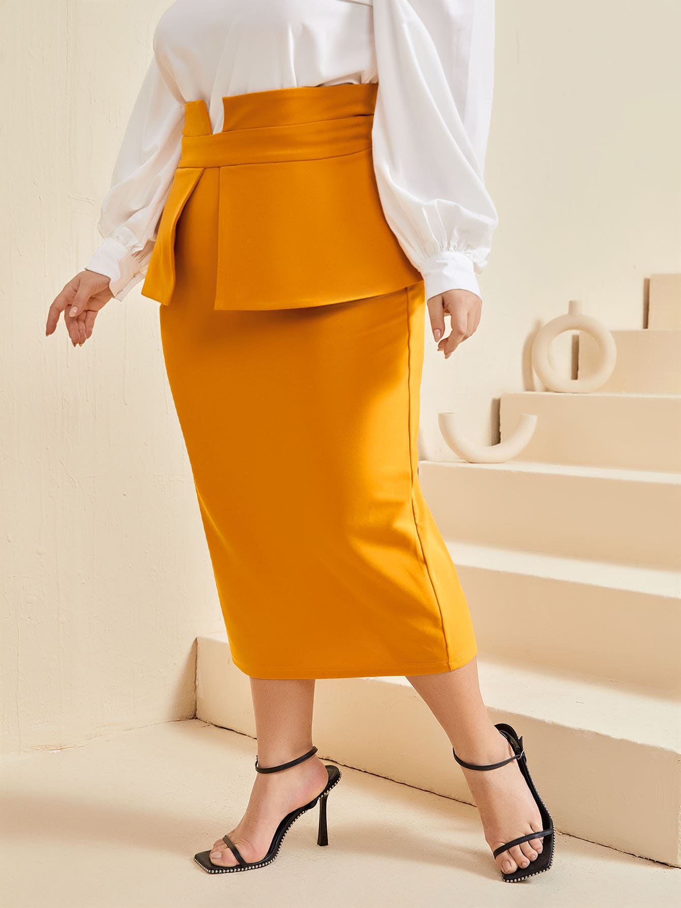 SHEIN Falda peplum con abertura trasera - Mostaza Amarilla - Ver 1