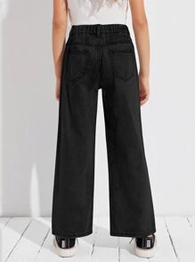 SHEIN 女孩拉鏈門襟傘狀腿牛仔褲 - 黑色 - 查看 2