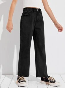 SHEIN 女孩拉鏈門襟傘狀腿牛仔褲 - 黑色 - 查看 3