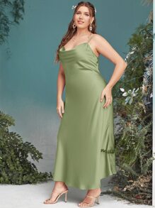 SHEIN Belle Plus Draped Collar Satin Cami Bridesmaid Dress - Mint Green - View 3