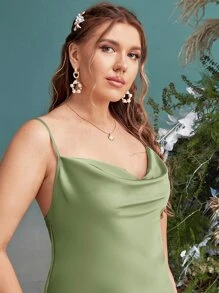 SHEIN Belle Plus Draped Collar Satin Cami Bridesmaid Dress - Mint Green - View 4
