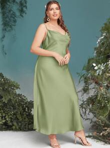 SHEIN Belle Plus Draped Collar Satin Cami Bridesmaid Dress - Mint Green - View 5