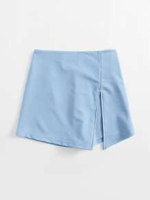 SHEIN Essnce Short Skirt With Elastic Waistband And Front Slit - Baby Blue - View 5
