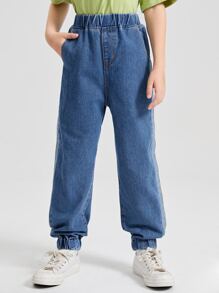SHEIN Boys Elastic Waist Slant Pocket Jeans