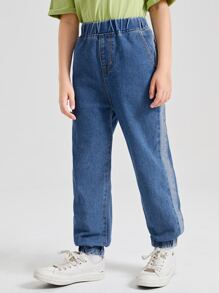 SHEIN Boys Elastic Waist Slant Pocket Jeans