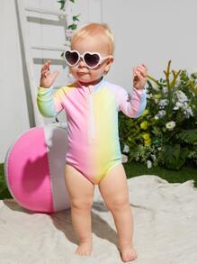 Baby Girl Ombre Zipper Front One Piece Swimsuit - Multicolor - View 1