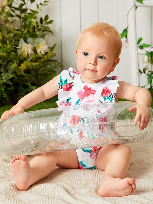 女の子赤ちゃん 花柄 フリルトリム ワンピース水着